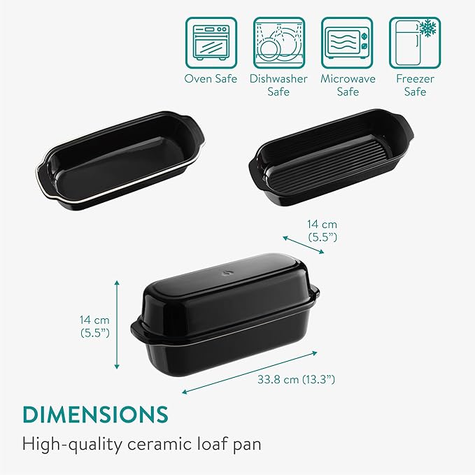 Navaris Bread Pan with Lid - Ceramic Bakeware Tin for Baking Homemade Sourdough Loaves - Stoneware Loaf Pans or Cake Dishes for Oven - Dishwasher Safe Tins - 13.3 x 5.5(34 x 14cm)