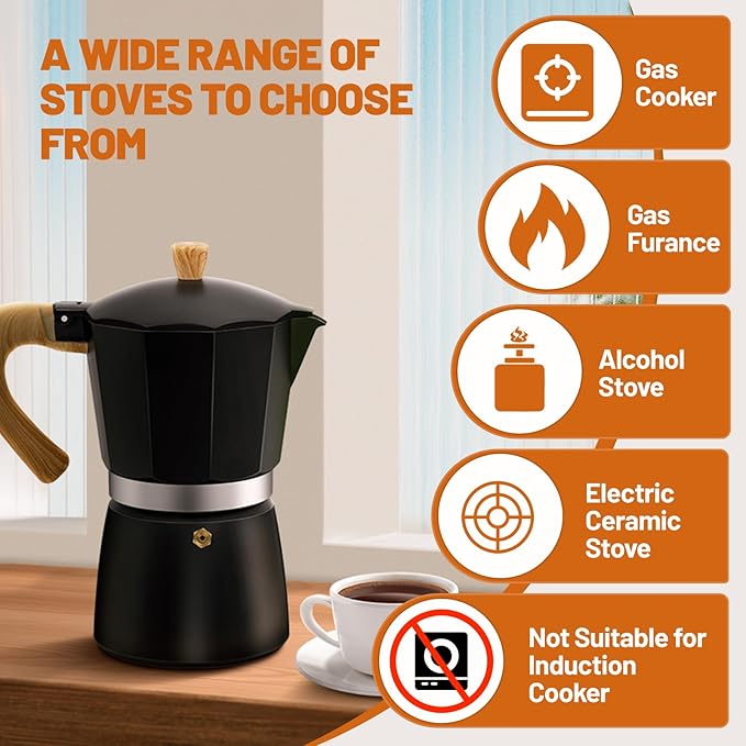 DITOSH 6 Cup Aluminum Espresso Stovetop Moka Pot Express Coffee Maker Percolator Italian Classic Mocha Coffee Machine for Italian and Cuban Cafe Brewing for Home & Camping 300ml 10oz