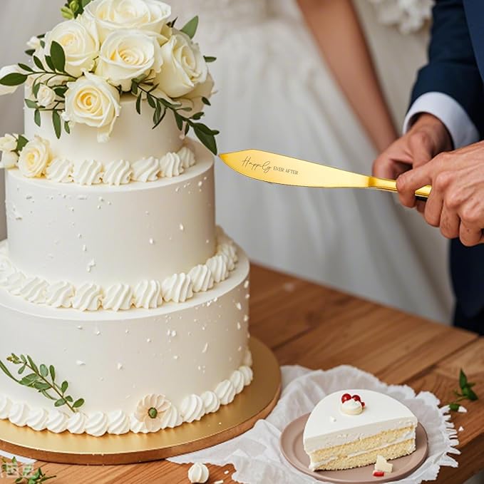 Wedding Cake Knife and Server Set, 4 Pack Stainless Steel Cake Cutting Knife, Slicer and Forks Server for Wedding, Anniversary, Birthday, Baby Shower(Gold)