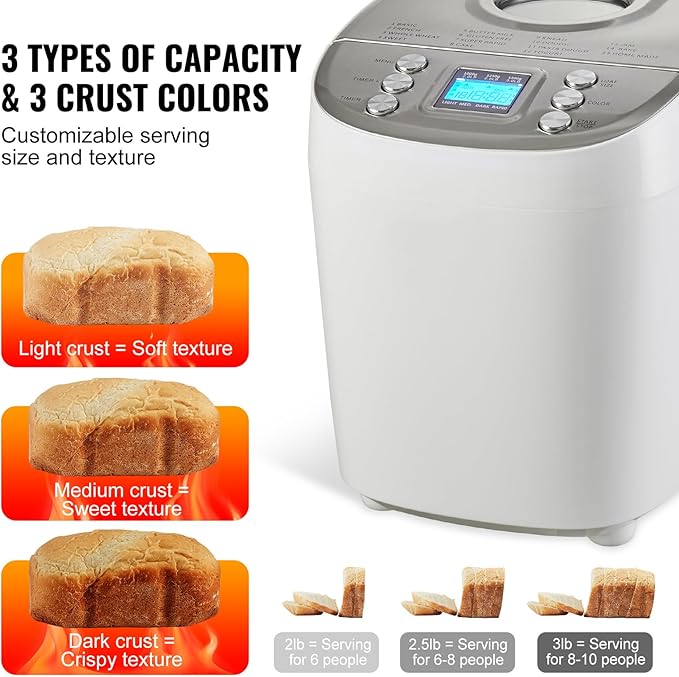 Happybuy 15-in-1 3LB Bread Maker, Gluten-Free, Whole Wheat, Programmable Digital Bread Machine, 3 Loaf Sizes, 3 Crust Colors, White, Nonstick Ceramic Pan