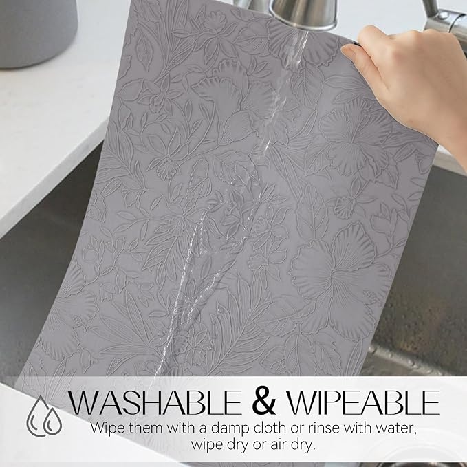 Romanstile Vinyl Placemats Set of 4-12 X 17 Inch - Heat Resistant Non-Slip Embossed Floral Place Mats 100% Waterproof Oilproof Wipeable Faux Leather Table Mats for Kitchen/Dining/Party, Grey