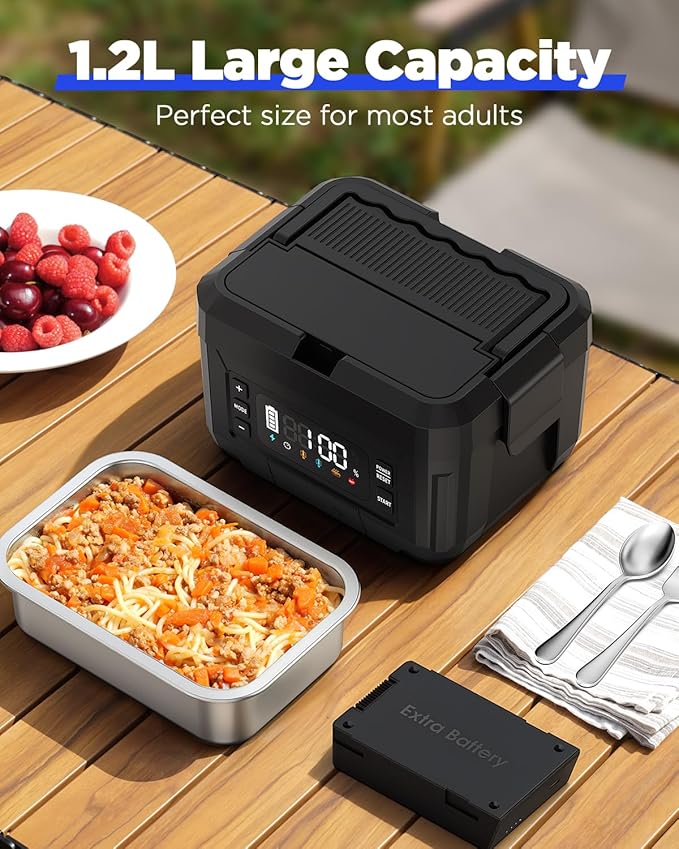 Cordless Electric Lunch Box for Adults – 1.2L Stainless Steel Self-Heating Lunch Box with Dual 20000mAh Removable Rechargeable Batteries, Portable Heated Food Warmer for Work, Travel & Office