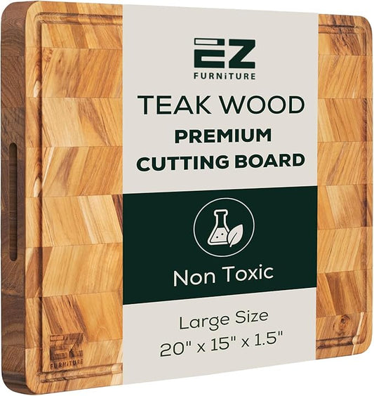 EZ FURNITURE Large (L) Teak Herringbone Wood Premium Cutting & Serving Board, Knife Friendly, Juice Groove & Handles, Pre-Oiled with Food-Grade Mineral Oil, Non-toxic (L 20" x 15" x 1.5", 11.46 lbs)