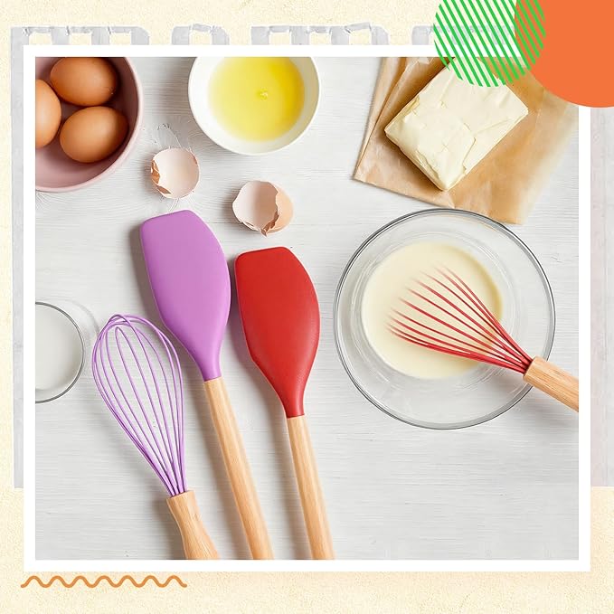 24 Pcs Small Silicone Whisks and Spatulas with Wooden Handle for Cooking 10 Inch Mini Whisk Spatula Non Stick Kitchen Baking Essentials Cookware for Valentines Day Party Favor Gift Supplies