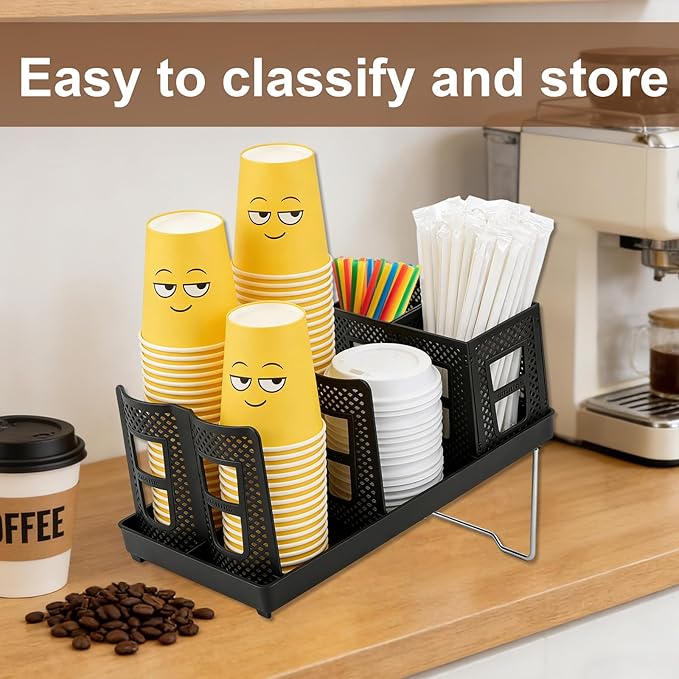 Coffee Cup Holder Organizer, Paper Cup and Lid Dispenser with Straw Storage Basket for Countertop Coffee Station Bar Cafe Restaurant Breakroom Kitchen Office Home Party (Black)