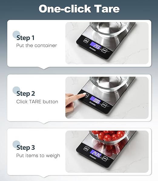 Atogou Food Scale, 33lb/15kg Rechargeable Kitchen Scale with Full-View Backlit LCD Display, Waterproof Stainless Steel Surface, Type-C Charging, Grams and Ounces for Baking, Cooking, Food Grey