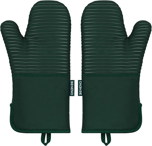 Beneno Kitchen Oven Mitts 2-Pack Heat Resistant to 500°F with Non-Slip Silicone Grip, Extra Long 14.3" Forearm Protection, Soft Quilted Cotton Terry Lining, Ideal for Cooking, Baking, Grilling, Green