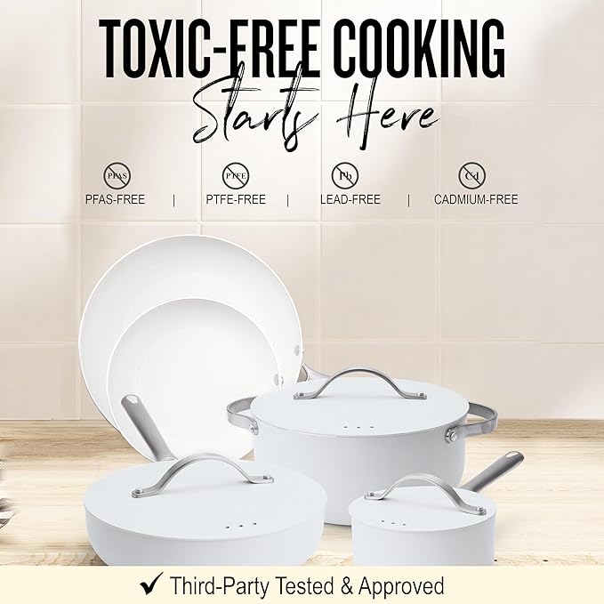 Alva Mobi 8-Piece Ceramic Nonstick Cookware Set – Toxic-Free Pots & Pans with Lids | Induction & Oven Safe to 400°F | Recycled Aluminum, Stainless Steel Handles | Belgian Design