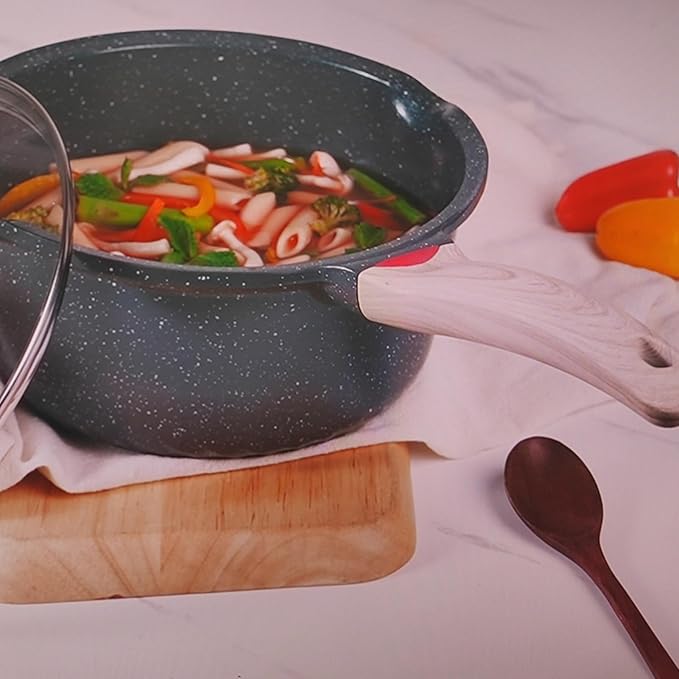 Bakoniion Ceramic Nonstick 4 QT Saucepan with Lid, Cast Aluminum Stockpot with Stay-cool Handle,Compatible with All Cooktops,Dishwasher Safe