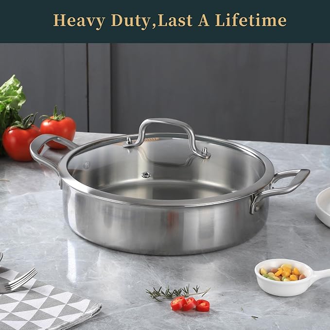 Yeksum 5QT Saute Pan with Lid, 3-Ply Frying pan with Lid large skillet with lid, 12inch Deep Fry Pan, Healthy 18/10 Frying Pan Stainless Steel, Oven & Dishwasher Safe