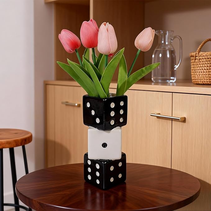 Triple Dice Ceramic Vase – Elegant Black & White Decorative Vase for Home & Bar, Perfect for Flowers | Unique Centerpiece for Dining Table, Coffee Table & Entryway | Stylish Decor for Kitchen