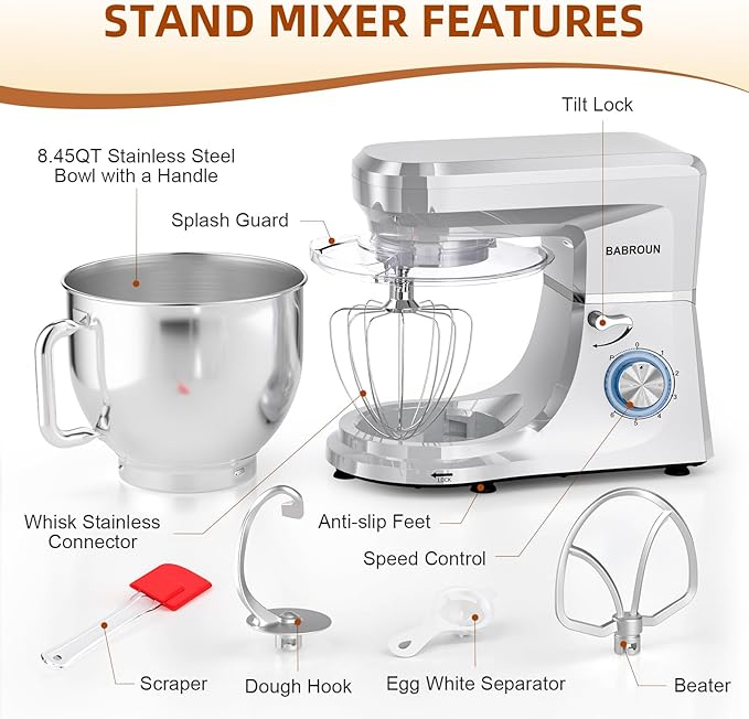 Babroun Dough Mixer 8.45 QT Electric Mixer - 660W 6 Speed Large Capacity Kitchen Stand Mixer with Whisk Dough Hook Mixing Beater Household Food Mixer for Baking Cakes Cookie Bread Salad