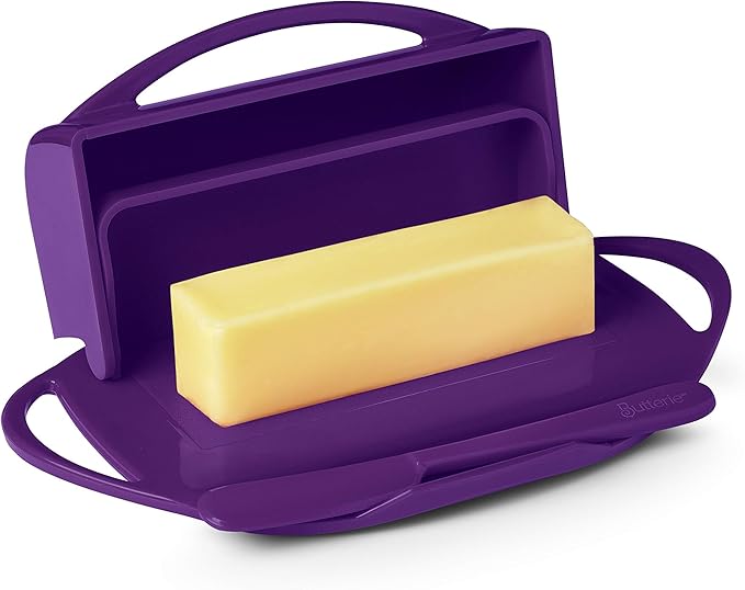 Butterie Flip-Top Butter Dish with Lid & Matching Knife, Holds 2 Sticks/European Butter, No-Mess Butter Holder, Shatterproof, Dishwasher Safe, Purple