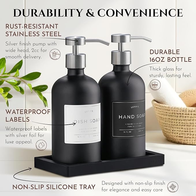 Lotion, Hand & Dish Soap Dispenser for Kitchen & Bathroom | Soap Dispenser Set of 2 16.8 Oz Glass Bottles with Stainless Steel Pump, 15 Water Proof Labels & Silicon Tray (Black/Silver)