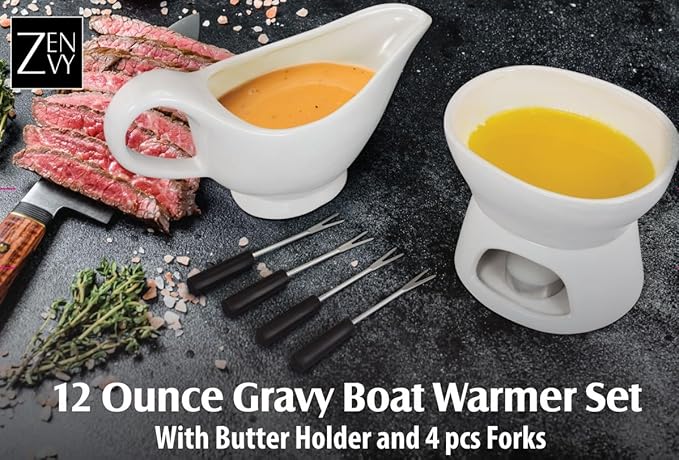 Zenvy Gravy Boat Set | 12 Ounce Ceramic White Gravy Dish Set With Candle Warmer Stand, Butter/Dip Dish, And Appertizer Forks