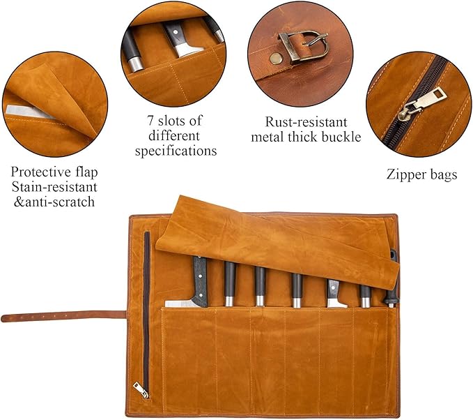 BSLGCTX Leather Knife Roll, Chef Knife Roll Bag, Knives Carrying Case, Culinary Tools Carrying Storage, Portable Travel Storage with 7 Slots & Zipper, Gifts for Chef (Brown)
