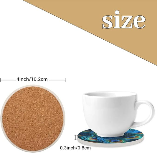 Round Coasters Set of 2, Blue Peacock Feathers Absorbent Ceramic Coaster with Cork Base, Bar Coasters for Drinks Coffee Mugs Tea Cups Wine Glasses Home Decor Gifts (4 inches)