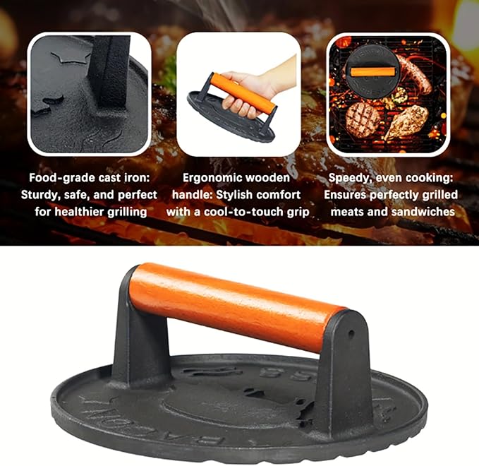 Bacon Press 2.5 lb Heavy Weight Cast Iron Burger Smasher Tool for Griddle,Grill,Skillet,Hamburger,Steak,Patty,BBQ,Sausage,Sandwich Maker,7.2 inch Round