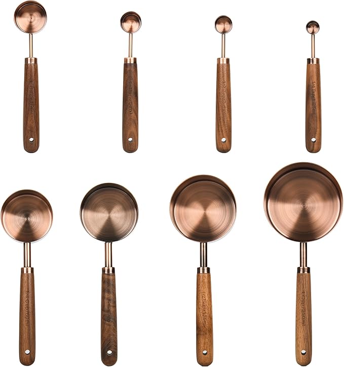 Measuring Cups and Spoons Set with Wood Handle, Stainless Steel Measuring Cup and Spoons Set, Copper Measuring Cups and Spoons for Kitchen & Baking