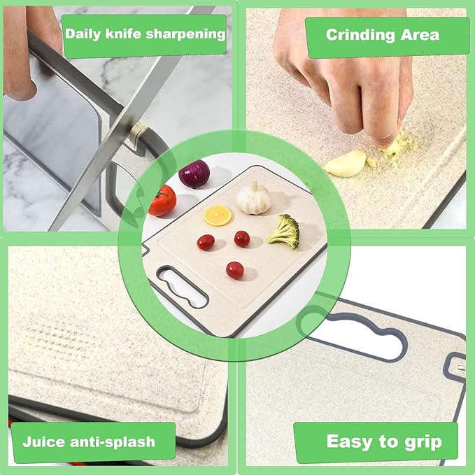 Double Sided Cutting Board for Kitchen, 304 Stainless Steel Cutting Board, 14.4"*9.8" and Wheat Straw PP, Juice Grooves, Non Slip, Reversible Chopping Board Easy to Clean, Dishwasher Safe