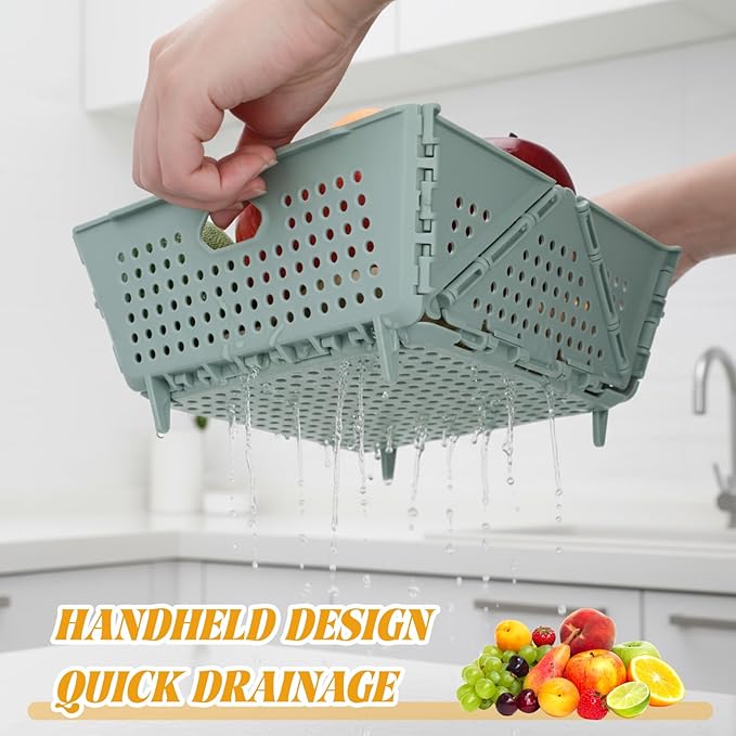 3 Pack Versatile Collapsible Colander Thickened Plastic Kitchen Collapsible Strainer with Resting Feet Wash Foldable Storage Drain Basket for Pasta, Fruit, Vegetables, Berry Space Saving