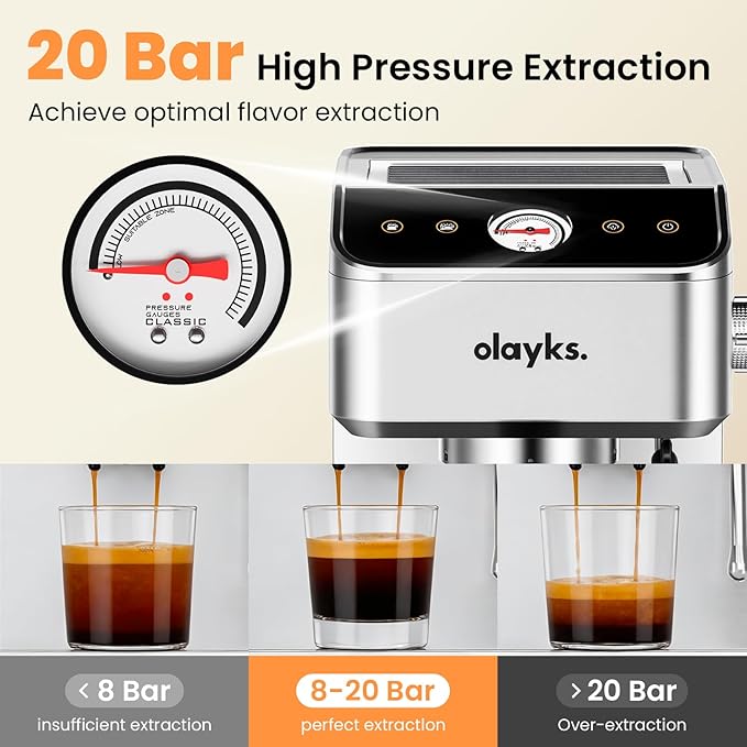 olayks. Espresso Machine 20 Bar, Brush Stainless Steel Espresso Maker with Milk Frother Steam Wand, 1400W Espresso Coffee Machine with 1.8L Removable Water Tank for Latte, Cappuccino,Machiato