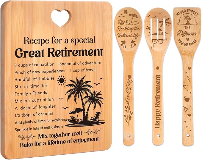 Retirement Gifts for Woman/Men 2026, Happy Retirement Bamboo Cutting Board Set for Colleagues, Friends, Teachers, Bosses, Parents, Family - Recipe for a Special Great Retirement.
