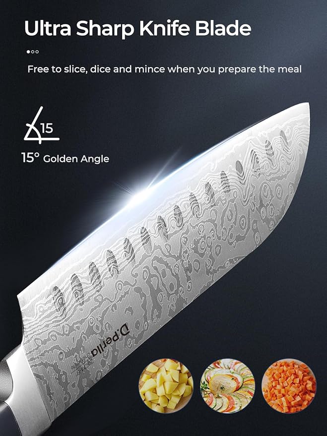 Knife Set, D.Perlla Knife Block Set with Advanced Self-Sharpening Technology, 14-Piece Waved Texture Kitchen Knives, German Stainless Steel Knife Set with Block, Razor-Sharp and Full Tang Handle