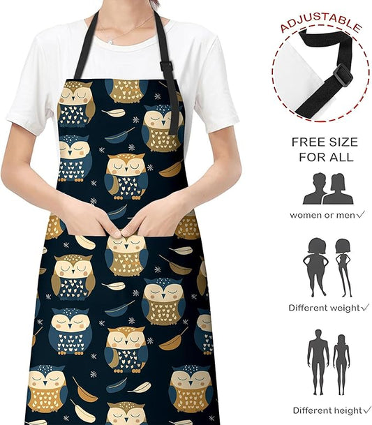 Adorable Owl Apron for Women Men, Cooking BBQ Chef Polyester Lightweight Playful Cartoon Bird Aprons with Pockets for Baking Kitchen Gardening Cleaning, Adjustable Neck Strap, 28×33inch