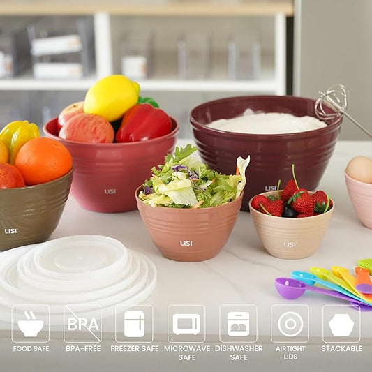 LISI 6 Pack Mixing Bowl Set with Lids, Plastic Bowls for Kitchen, Nesting Salad & Meal Prep Bowls, BPA-Free, Large Storage Bowl with Airtight Lids