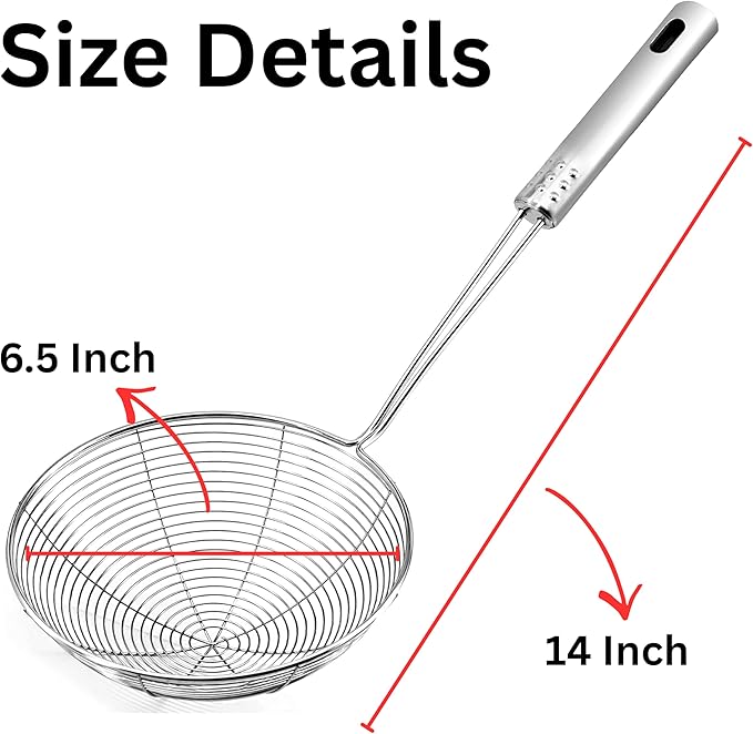 Kitchen Strainer Spoon for Deep Frying, Fine Mesh Oil Strainer with Long Handle for Cooking, Pasta, Noodles, French Fries and Fried Snacks