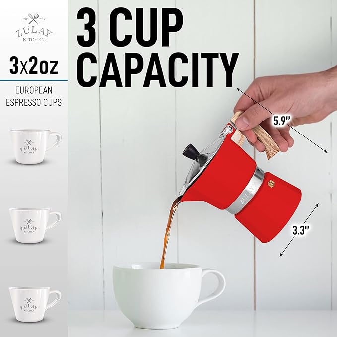 Zulay Kitchen Stovetop Espresso Maker - Moka Pot 3 Espresso Cups - Percolator Coffee Maker for Classic Cuban & Italian Style Espresso - Portable Coffee Maker for Camping & Travel - (Red)