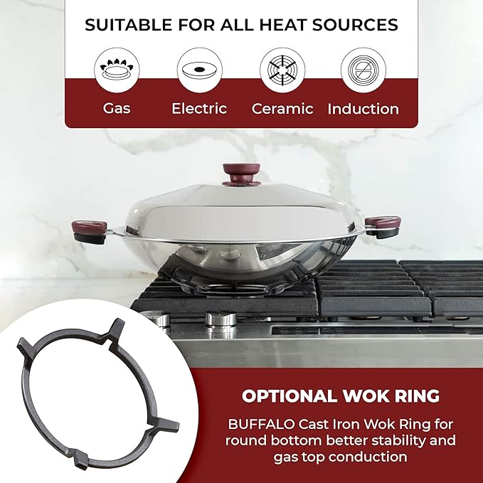 BUFFALO Stainless Steel Wok Pan with Lid Round Bottom 15 inch (38cm) - Stir Frying Pan Tri-Ply Nonstick Cookware - Double Handle Cooking Pot for Induction/Electric/Gas Stoves + Wok Ring