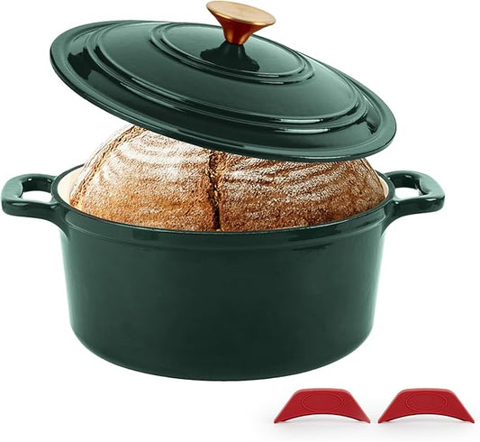 Tastedeli Enamel Cast Iron Dutch Oven with Lid, Round Casserole Pot for Bread Baking, Braising, Roasting, and Stews, Heavy-Duty, Oven Safe, Induction Compatible (4.7QT,Green)