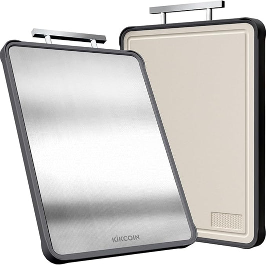 Kikcoin Stainless Steel Cutting Board, Double Sided Titanium Cutting Boards for Kitchen, Stainless Steel and Wheat Straw PP Large Chopping Board, Beige
