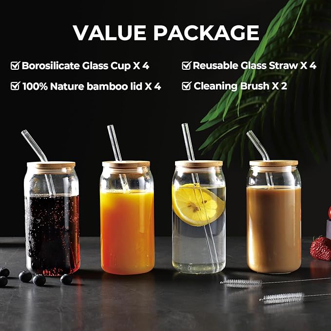 4 Set Glass Cups with Bamboo Lids and Straws, 20oz Drinking Beer Glasses, Iced Coffee Cups, Cute Tumbler with 2 Cleaning Brushes, Ideal for Bubble Tea, smoothie, Juice