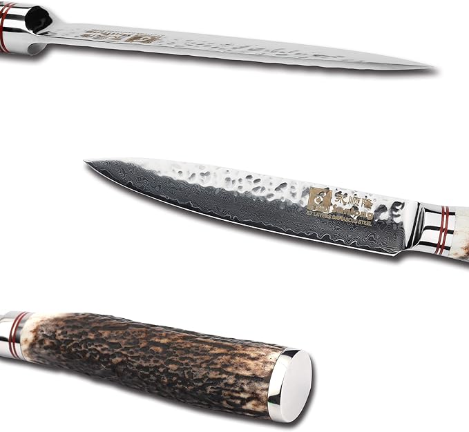 SUNLONG Utility Knife 5 inch Multi-purpose cutter - Japanese Hammered Damascus Natural Antlers Handle
