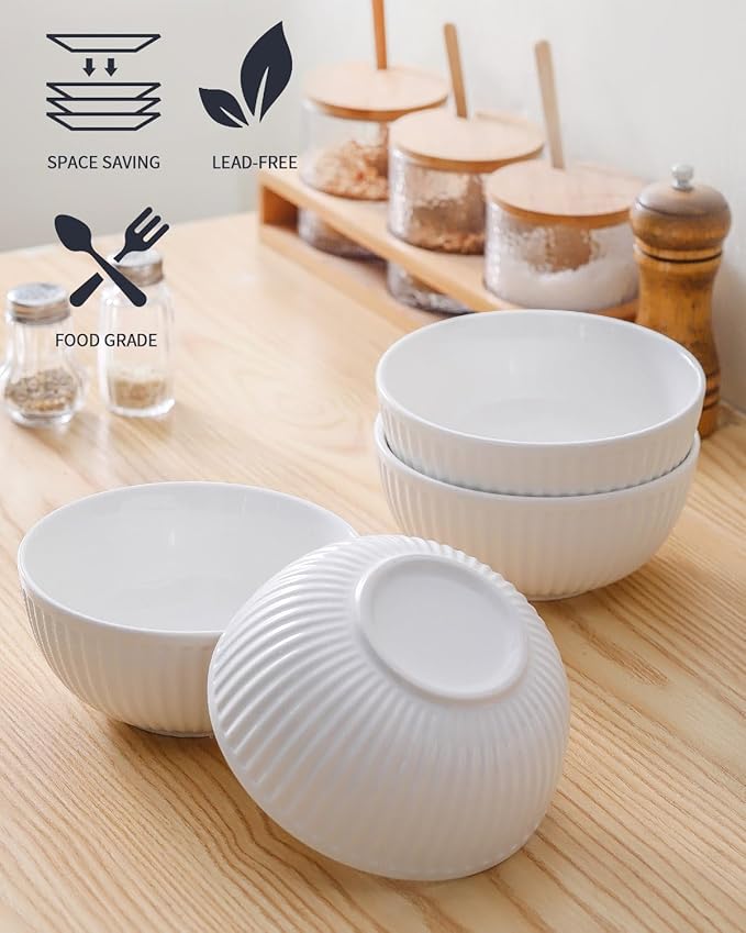 HASENSE Cereal Bowls Set Ceramic 24 Oz - 6 Inch Soup Bowl Set of 6 for Kitchen,Modern Ribbed White Porcelain Dishes for Entertaining,Soup,Oatmeal,Pasta,Cereal,Noodle - Dishwasher & Microwave Safe