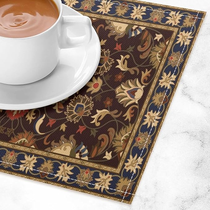 Boho Ethnic Placemats Retro Brown Flower Country Style Art Printed Dining Table Mats Set of 4 for Restaurant Home Kitchen Holiday Picnic Party Decor 12x18in