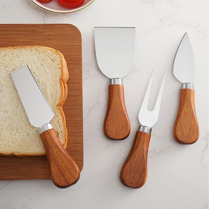 YUANQIAN Cheese Knife Set with Acacia Wood Handles - Cheese Knife, Spreader, Fork, Slicer - Mini Stainless Steel Cheese Tools for Charcuterie Boards (6Pcs/Set, S)