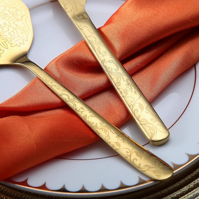 Berglander Gold Wedding Cake Knife and Server Set, Titanium Gold Plating With Unique Pattern Design Cake Cutter Serving Set Perfect For Wedding, Birthday, Parties and Events Dishwasher Safe