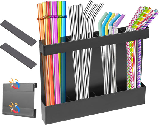Magnetic Straw Organizer for Cabinet Door – Carbon Steel Straw Holder with Drain Holes, 4-Compartment Utensil Storage Rack for Reusable Straws, Spoons, and Coffee Bar Accessories