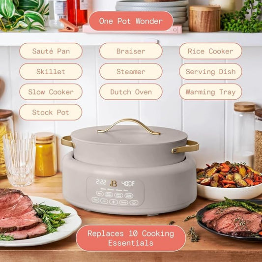 Beautiful 10-in-1 Electric Multi-Cooker by Drew Barrymore, 6-quart, digital display, 10 cooking functions, non-stick pot, easy one-touch control (Porcini Taupe)