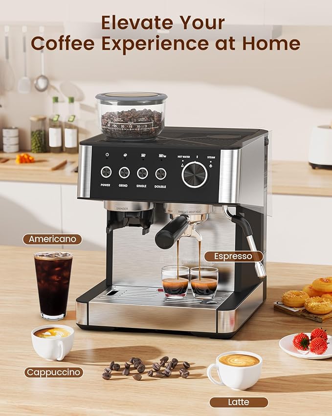 Electactic (2025 Upgrade Espresso Machine with Grinder, 20 Bar Professional Espresso Coffee Machine with Anti-Clog Design, Built-in Milk Frother Steam Wand-Perfect Cappuccino & Latte Maker for Home