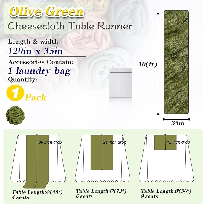 Olive Green Cheesecloth Table Runner 1 Pack 35" Boho Gauze 120 inches Long Runner Rustic Sheer Fabric Bulk for Baby Shower Wedding Bridal Birthday Party Table Decorations