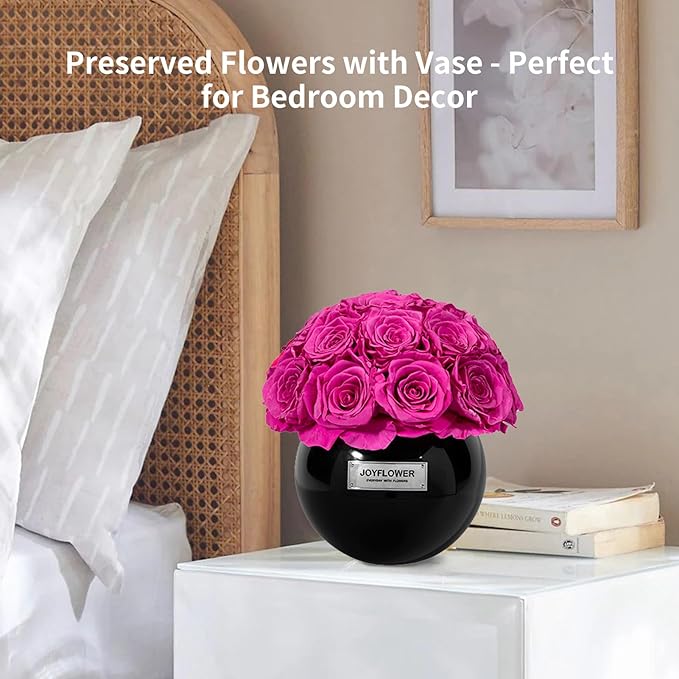 JoyFlower Preserved Flowers Vase Glass Decor, Eternal Flower Vases for Centerpieces, Forever Flower Decorations for Party Home Wedding Table Living Room Bedroom, Black Glass Vase House Decor(Fuchsia)