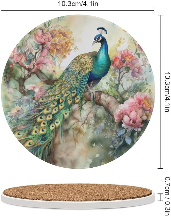 Round-4PCS Peacock Ceramic Coasters, Round Absorbent Drink Coasters, Vintage Watercolor Style Floral Beautiful Peacock Ceramic Table Coasters for Coffee, Beverage, Wine, Beer Coasters