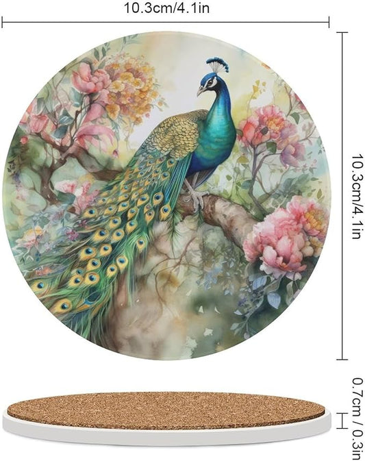 Round-4PCS Peacock Ceramic Coasters, Round Absorbent Drink Coasters, Vintage Watercolor Style Floral Beautiful Peacock Ceramic Table Coasters for Coffee, Beverage, Wine, Beer Coasters