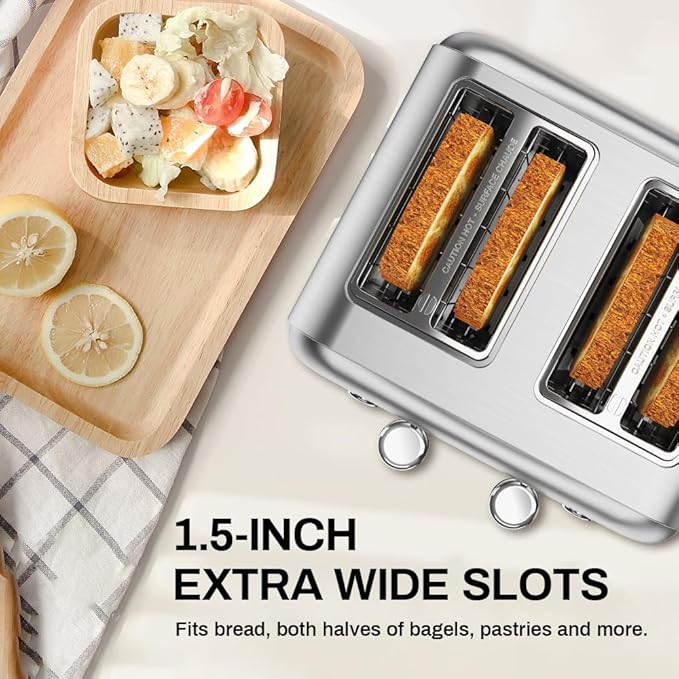 RAMJOY Toaster 4 Slice, Dual Independent Controls, Extra Wide Slot Toasters for Bagel, Bread, Waffles, 7 Shade Settings, 4 Main Functions, Removable Crumb Tray, 1500 Watts, Brushed Stainless Steel