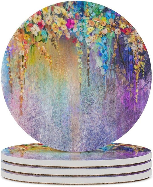 Round-4PCS Floral Ceramic Coasters, Round Absorbent Drink Coasters, Watercolor Weeds Blossoms Ivy Florets Shrubs Design Ceramic Table Coasters for Coffee, Beverage, Wine, Beer Coasters